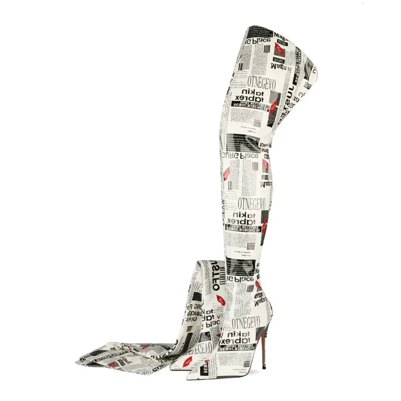 White Thigh High News Paper Print Boots