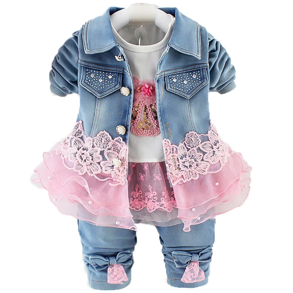 6m-4T Girl Denim Clothing Sets 3 pcs Denim Jacket and Jeans Trousers