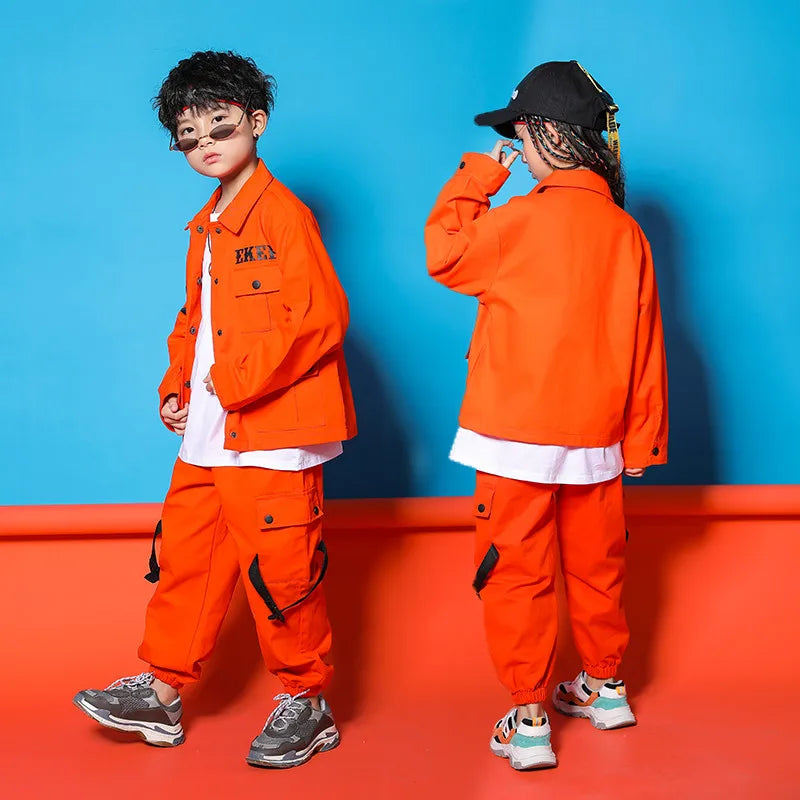 Orange Long Sleeve Jacket Pants Boys Hip Hop Set