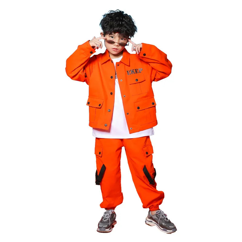 Orange Long Sleeve Jacket Pants Boys Hip Hop Set