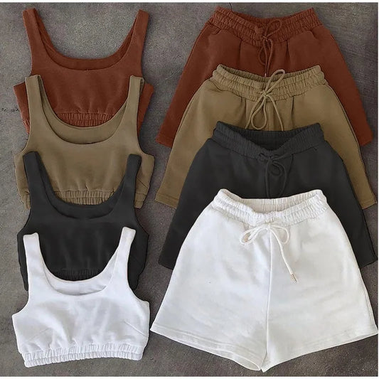 Two Piece Crop Top Matching Shorts Athleisure Set
