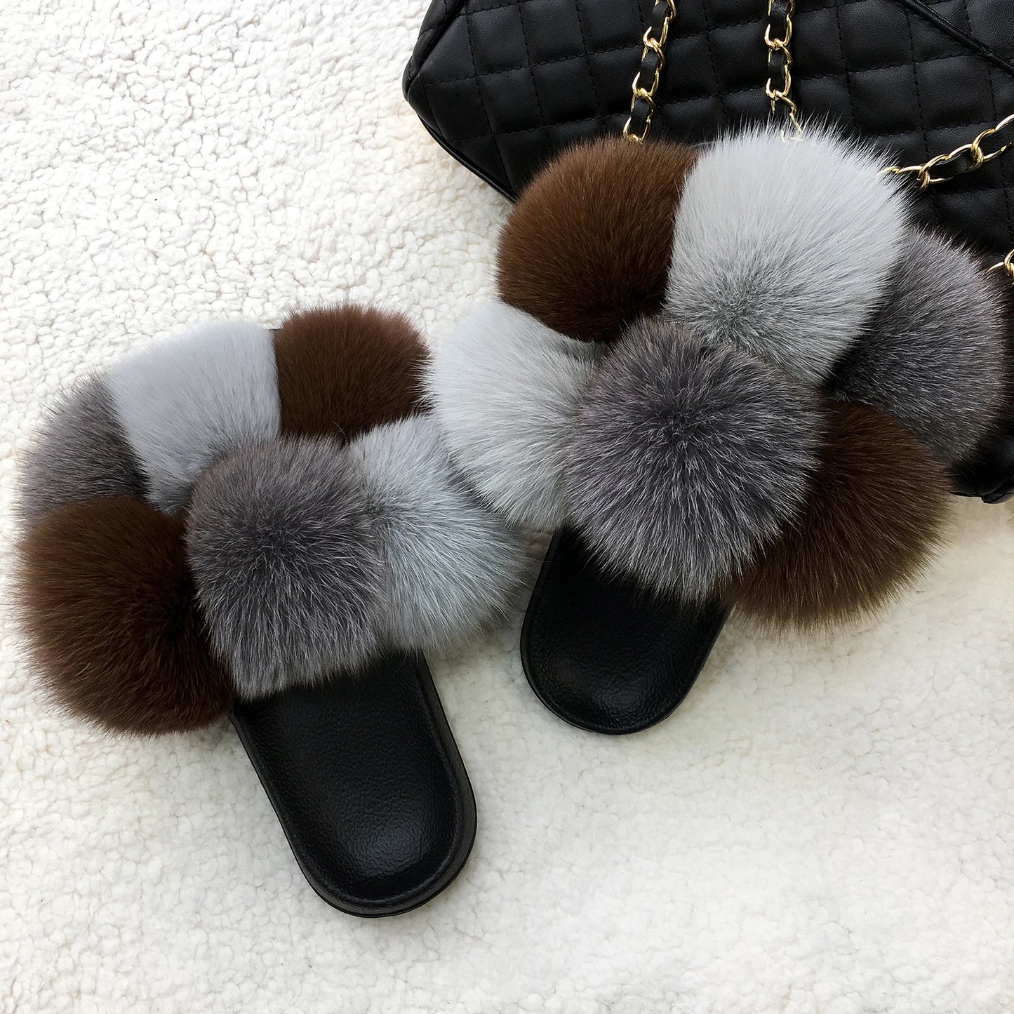 Real Fox Raccoon Slippers Pom Pom Fur Slides