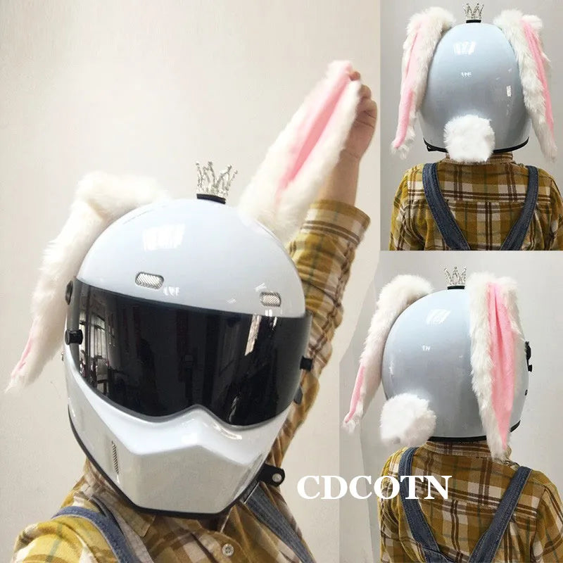 Motorcycle Plush Rabbit Ears Decor Motocross Full Face Helmet