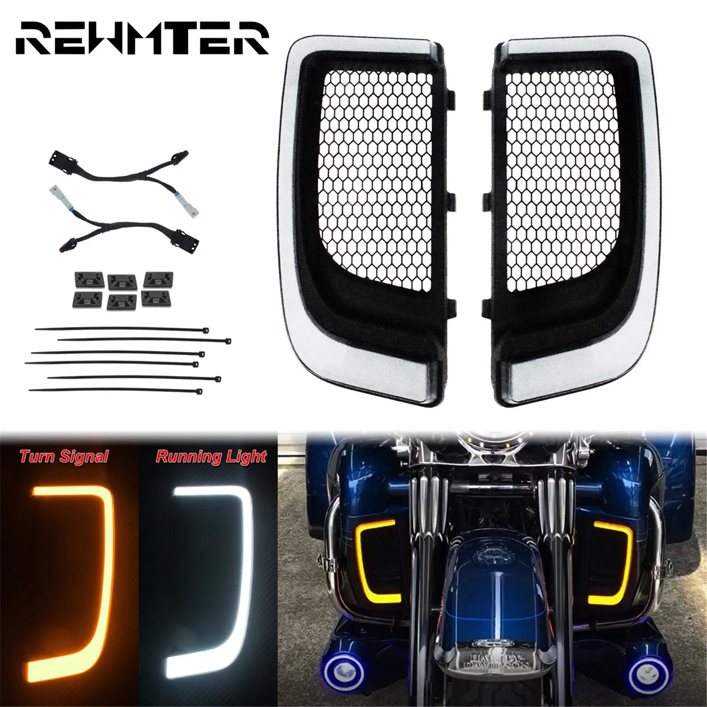 Motorcycle Black LED Fairing Lower Grills Turn Signal Running Light Harley