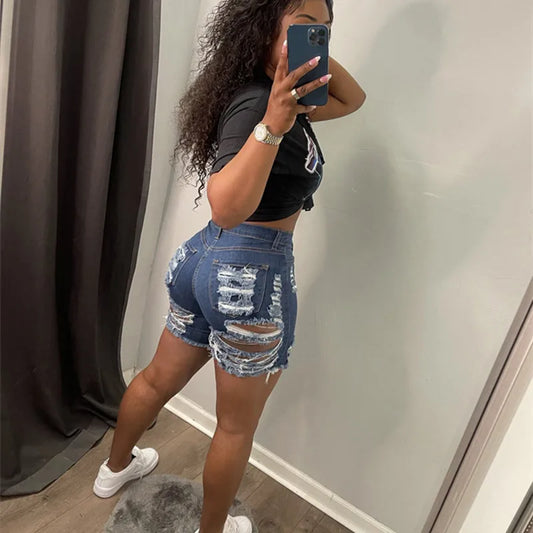 Blue Denim High Waist Bodycon Ripped Shorts