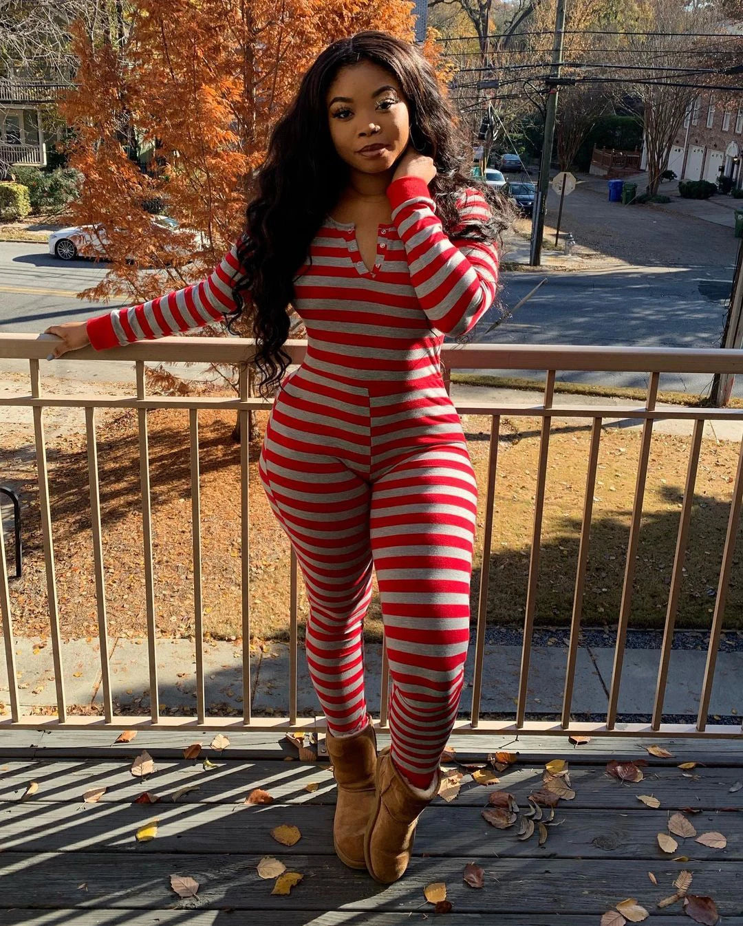 Long Sleeve Jumpsuit V-Neck Slim Fit Romper