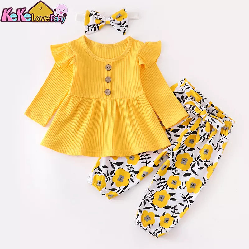 3Pcs Floral Print Pants Headband Solid Clothing Outfit 0 3-24M