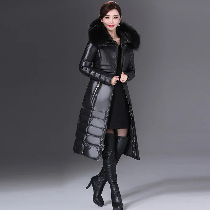 Duck Down Jacket Long Slim Coat with Real Fur