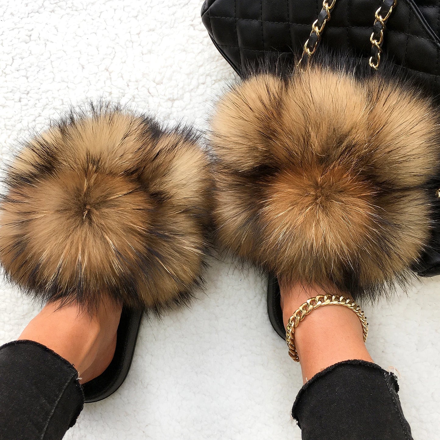 Real Fox Raccoon Slippers Pom Pom Fur Slides
