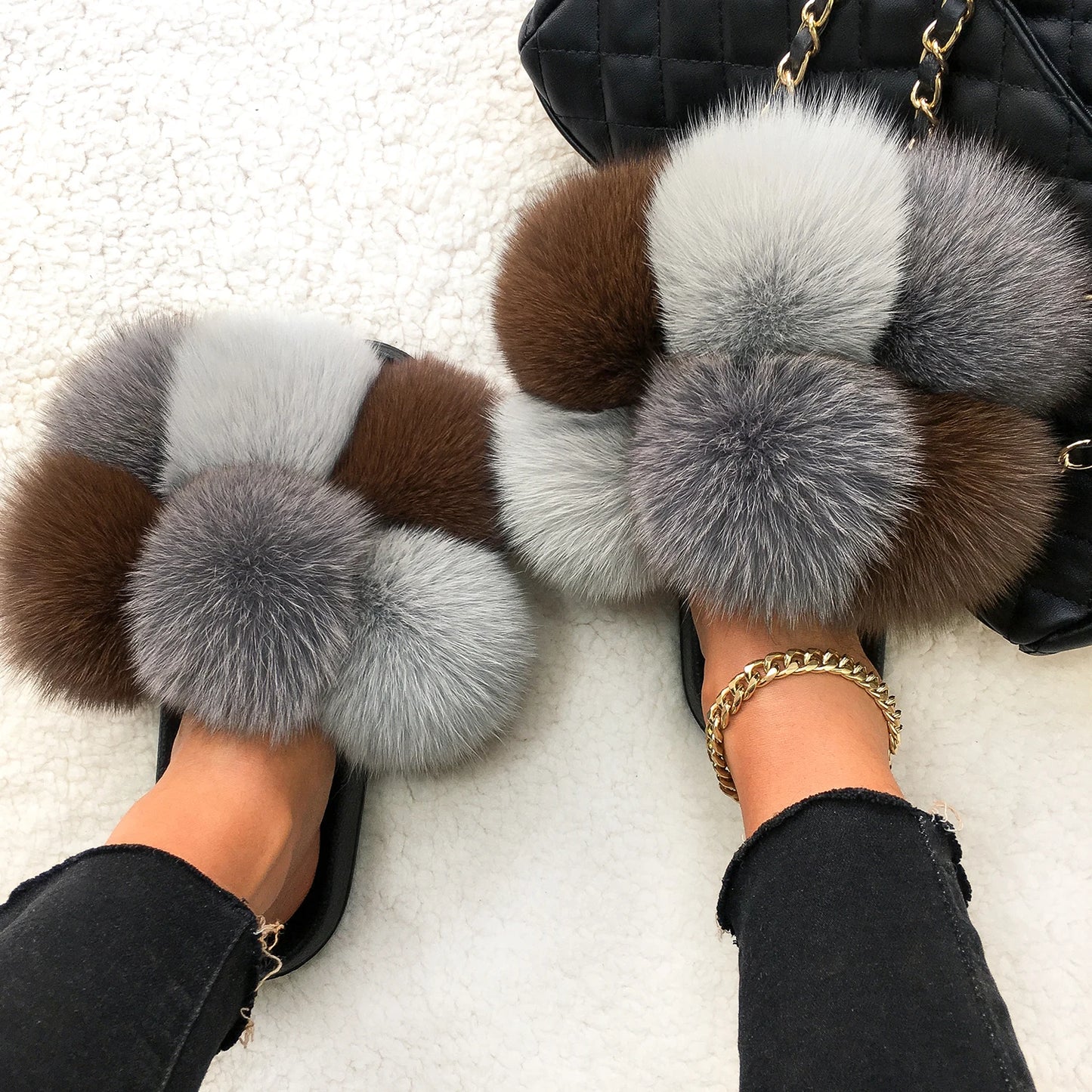 Real Fox Raccoon Slippers Pom Pom Fur Slides