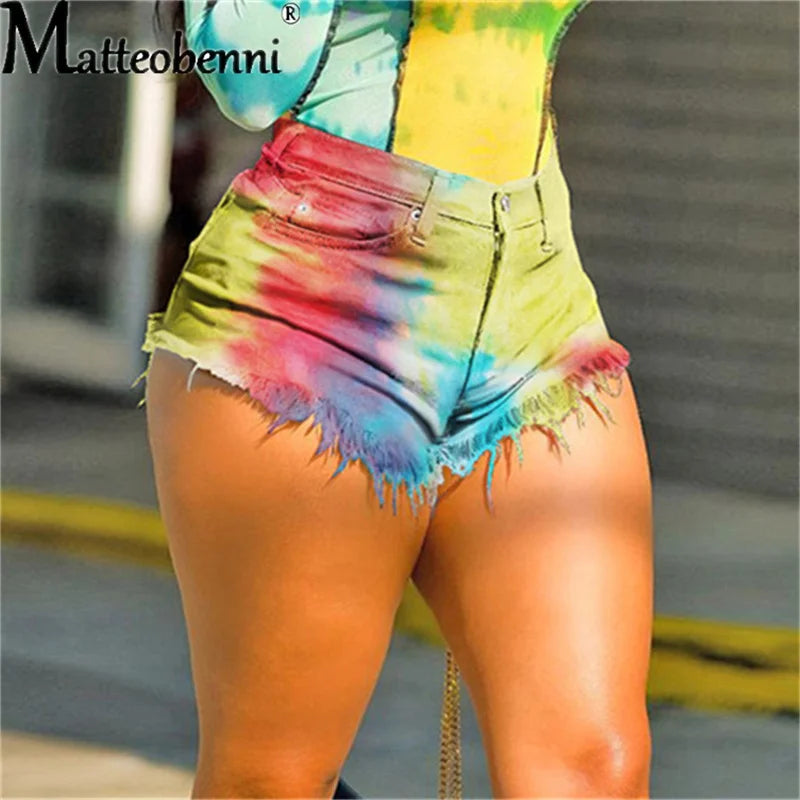 Tie Dye Print Vintage Ripped Denim Shorts
