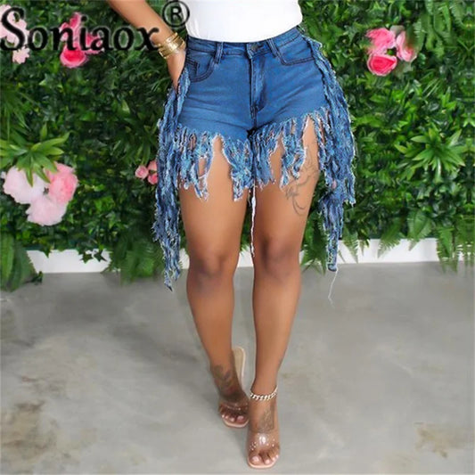 Tassel High Waist Ladies Night Club Denim Shorts
