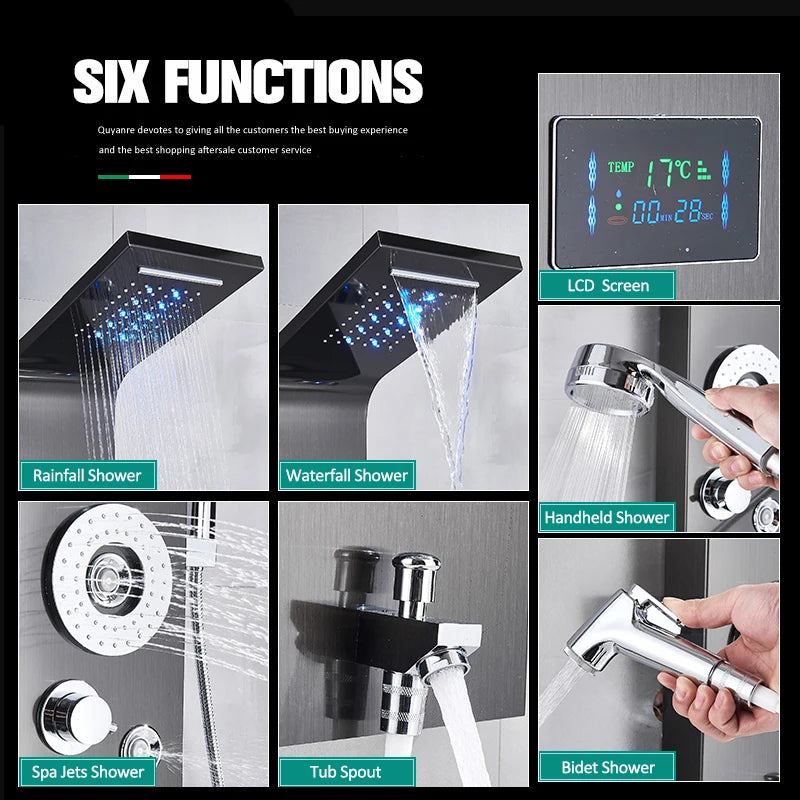 Black Nickel LED Shower Panel Six Functions Shower Column