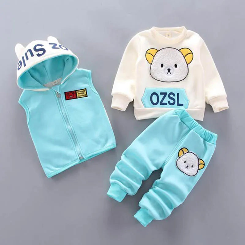 Fleece Children Hooded Outerwear Tops Pants 3PCS Outfit