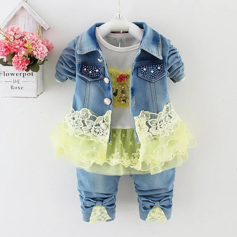 6m-4T Girl Denim Clothing Sets 3 pcs Denim Jacket and Jeans Trousers