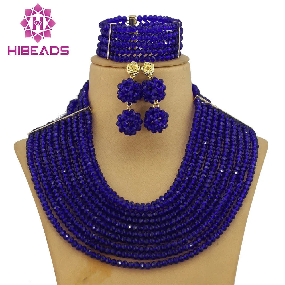 African Royal Blue Nigerian Crystal Beads Jewelry Set