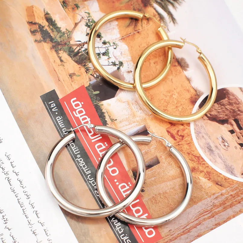 Wide Stainless Steel Tube Hoop Earrings For Women