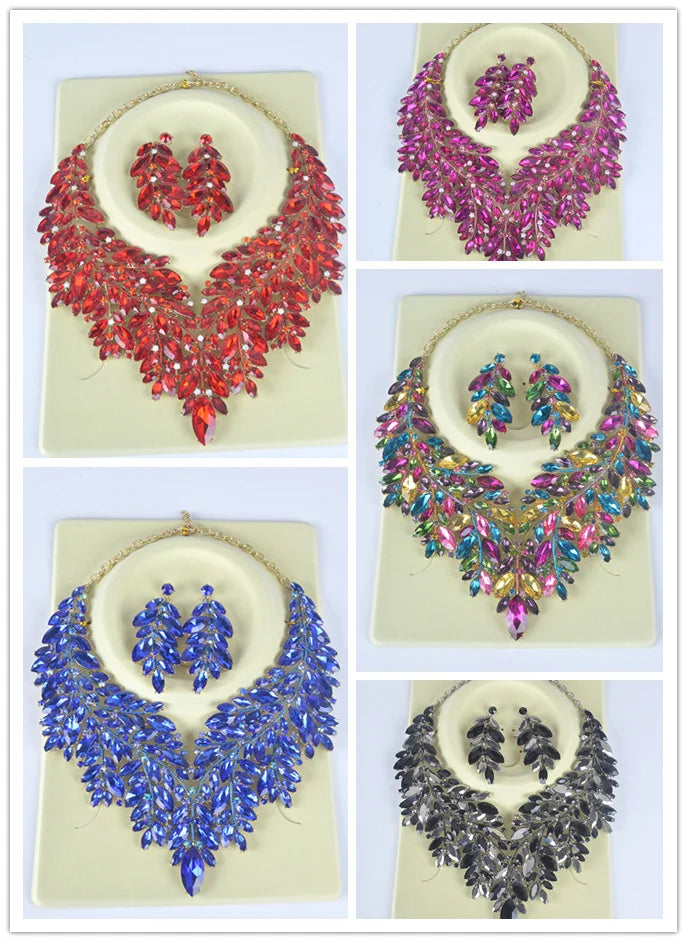 Luxurious Dubai Rhinestone Crystal 5 color Necklace Sets