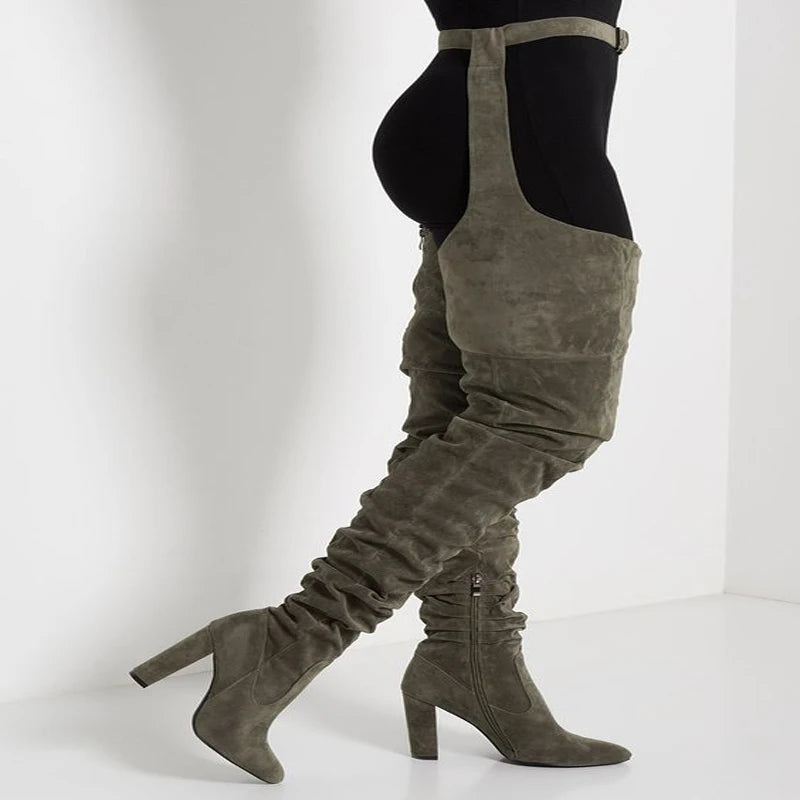 Sexy Side Zipper Thigh High Belt Trousers Boots