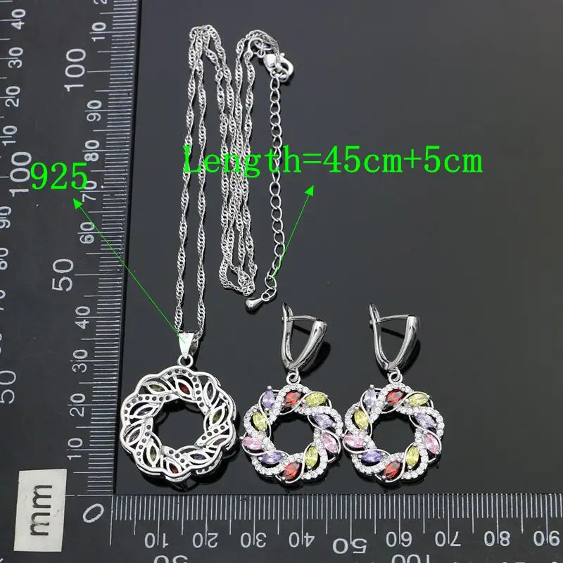 925 Sterling Silver Multicolor Earrings/Necklace/Pendant Set