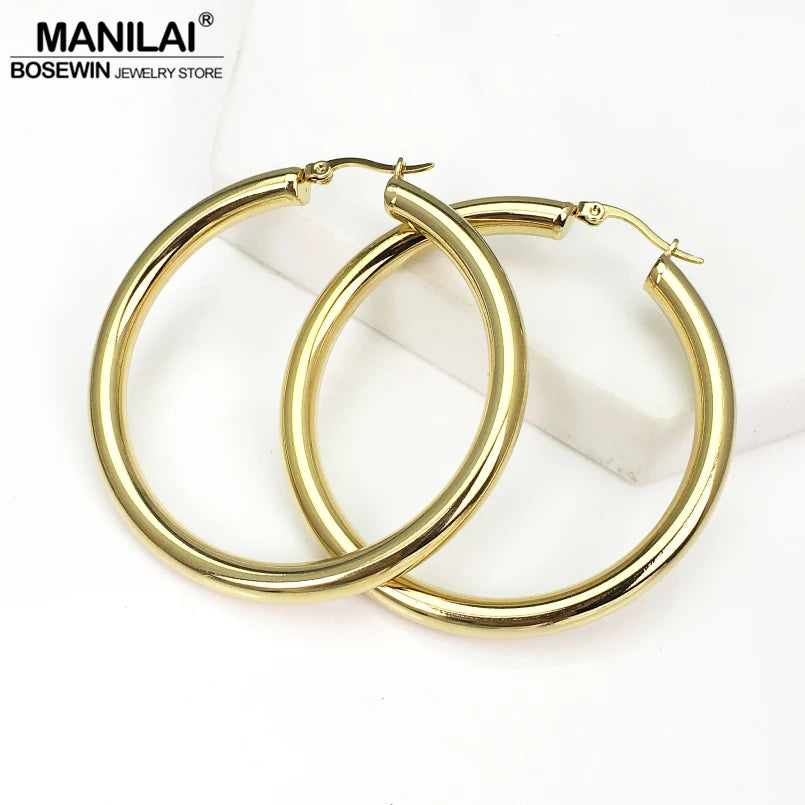 Wide Stainless Steel Tube Hoop Earrings For Women