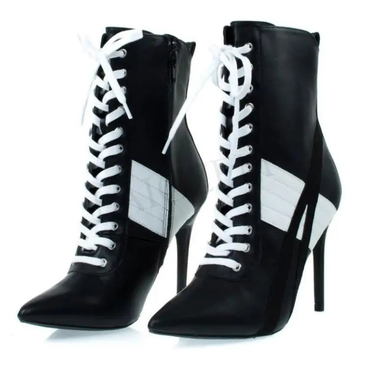 Black and White Lace Up High Heel Ankle Booties