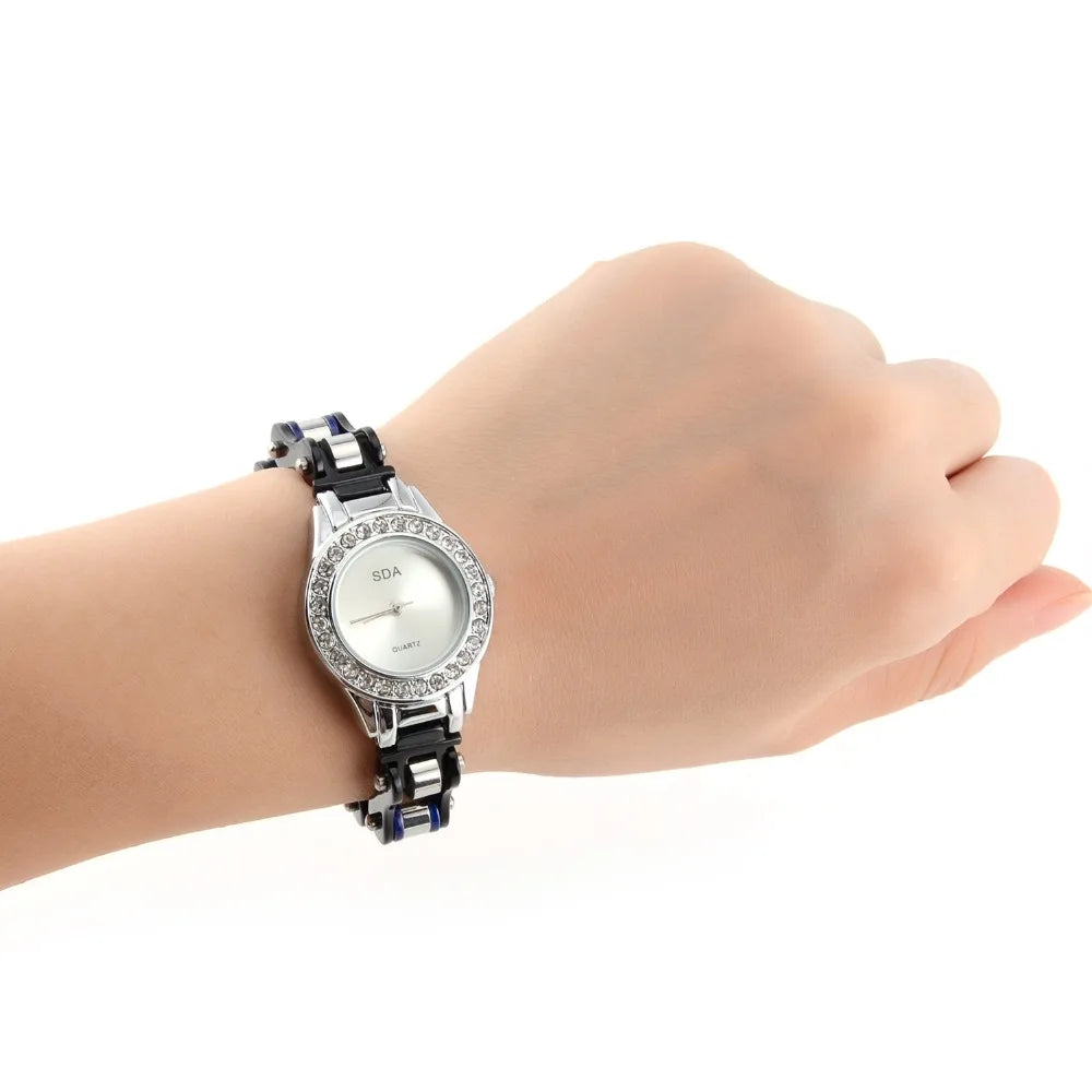 Cool Black Blue Crystal Stainless Steel Waterproof Watch