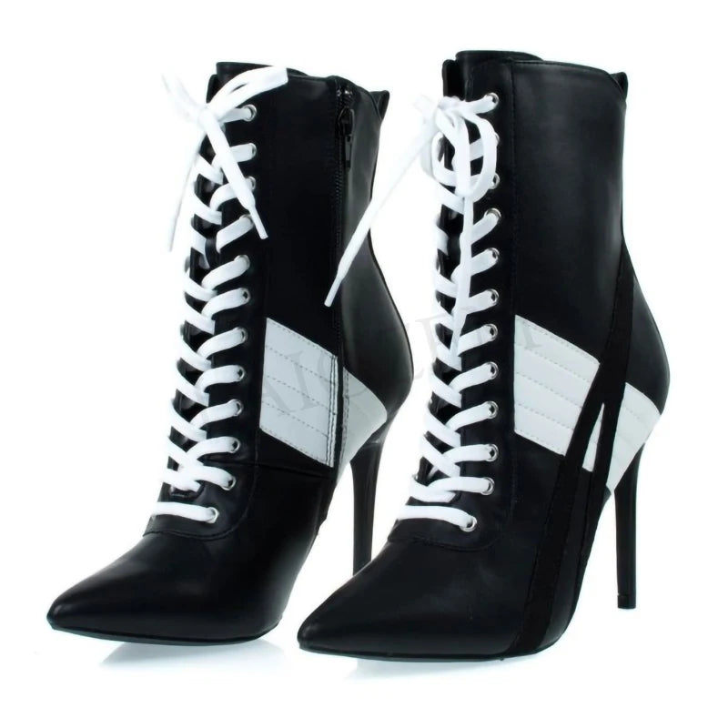 Black and White Lace Up High Heel Ankle Booties
