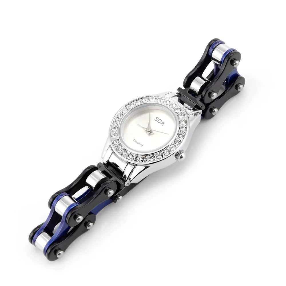 Cool Black Blue Crystal Stainless Steel Waterproof Watch