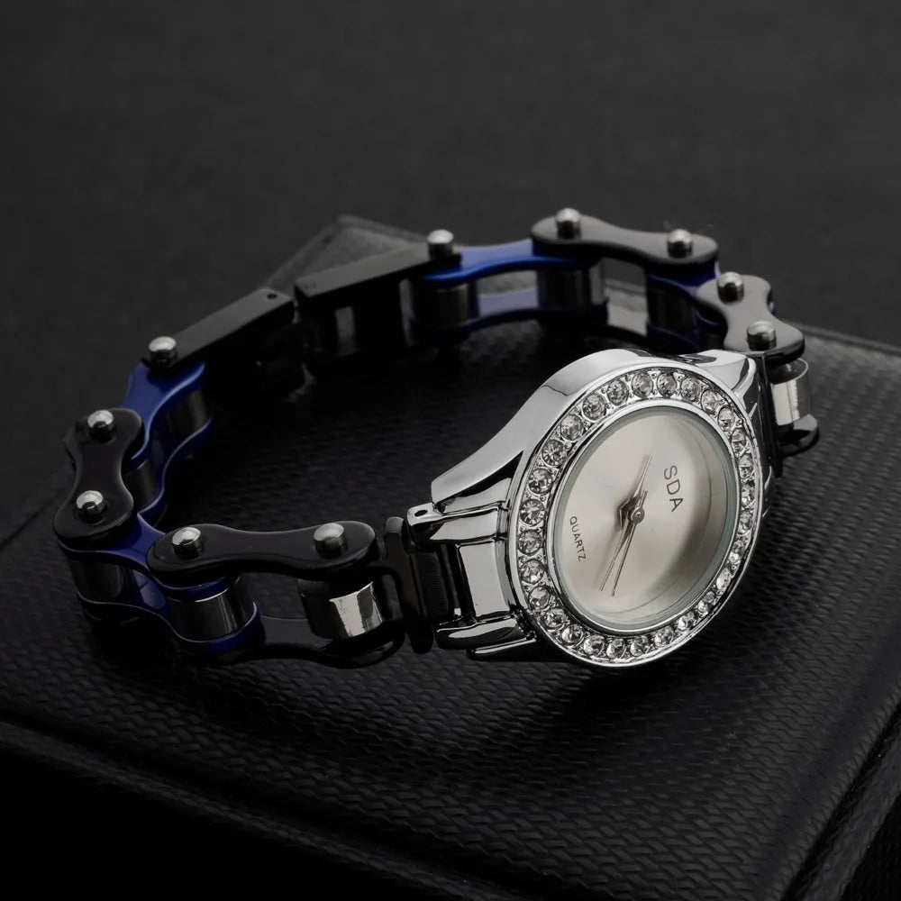 Cool Black Blue Crystal Stainless Steel Waterproof Watch