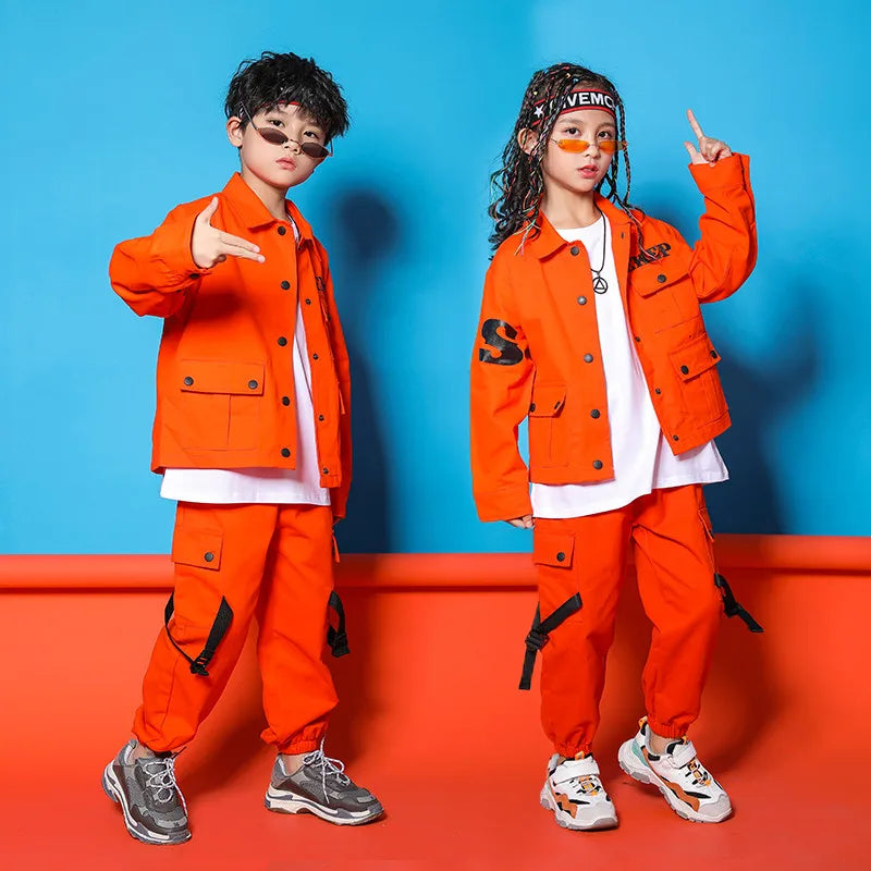 Orange Long Sleeve Jacket Pants Boys Hip Hop Set
