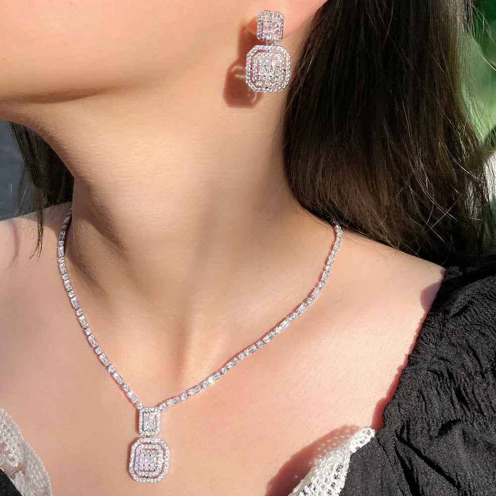 ThreeGraces Geometric Square Earrings Necklace