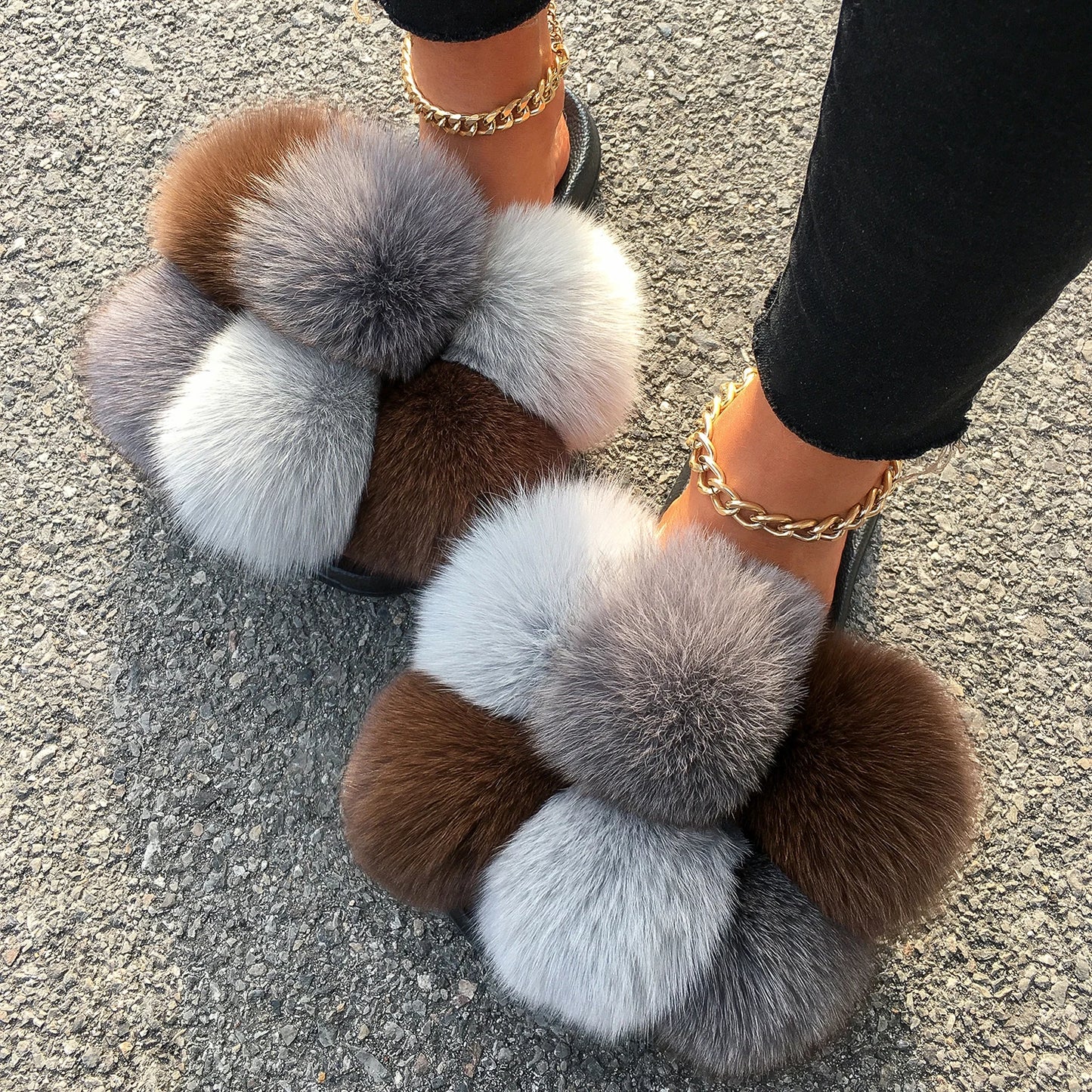 Real Fox Raccoon Slippers Pom Pom Fur Slides