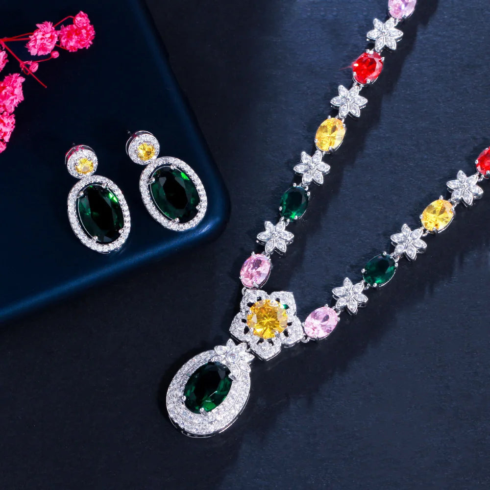 Shiny Colorful Flower Necklace and Earrings