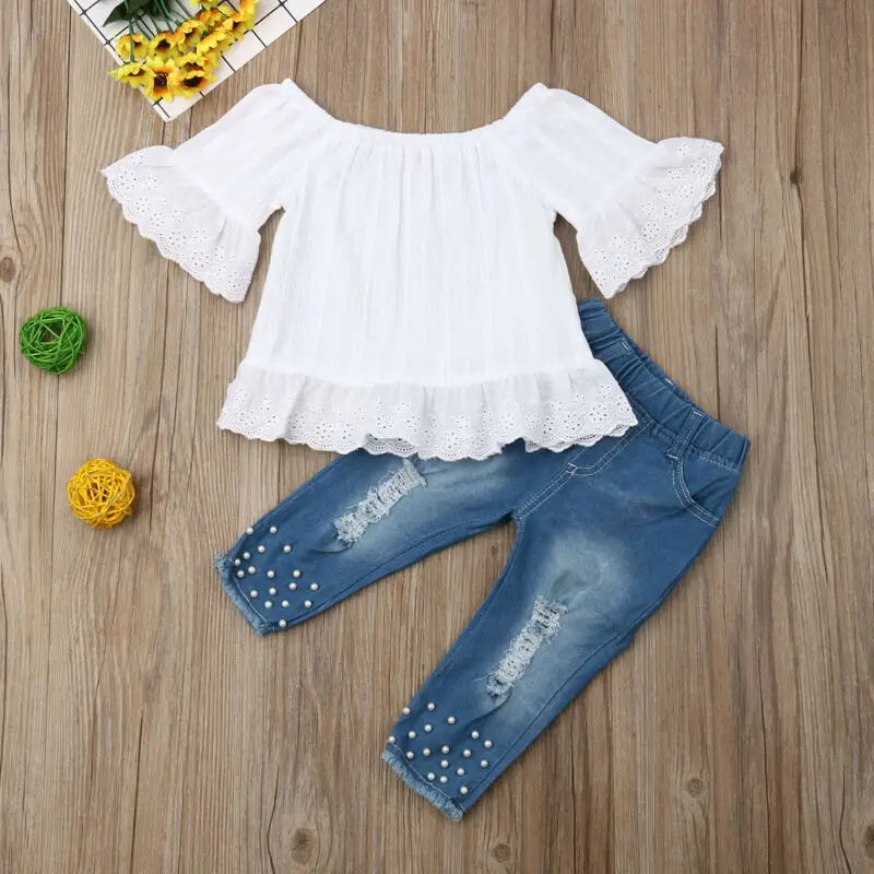 Girls Ruffles Sleeve Off Shoulder Tops Denim Pants