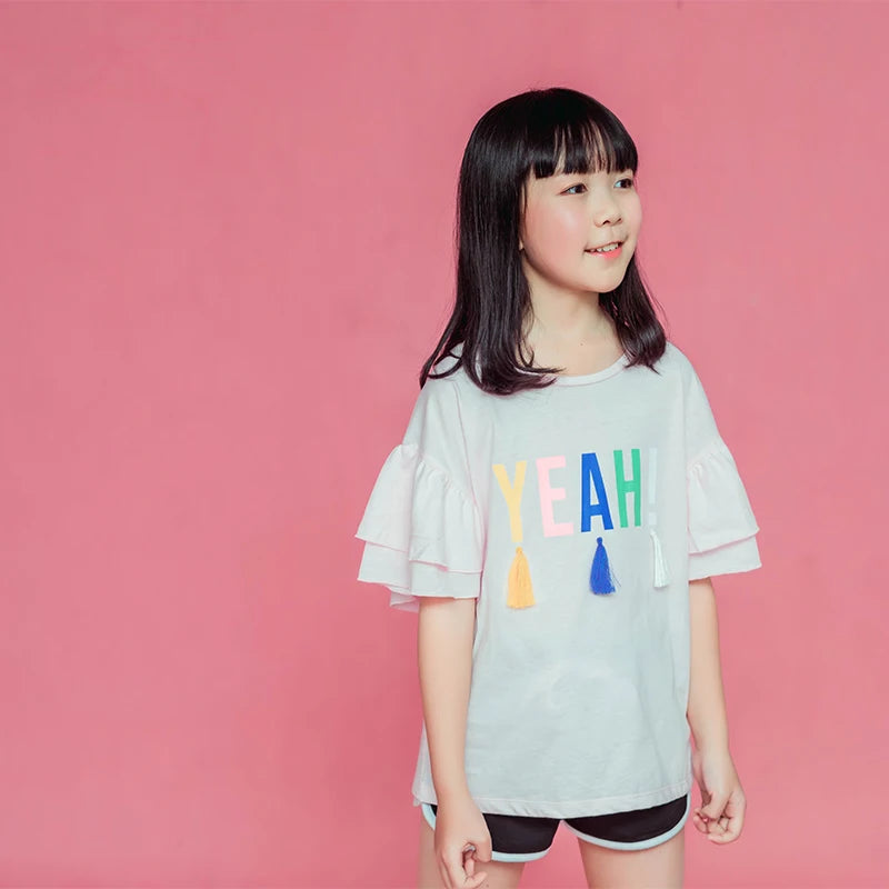 Cotton Teen Girl Short Sleeve TShirt Kids Letter Print Tassel Tees Big Girls Top Children Clothes 2021 Summer 8 10 12 14 16Years