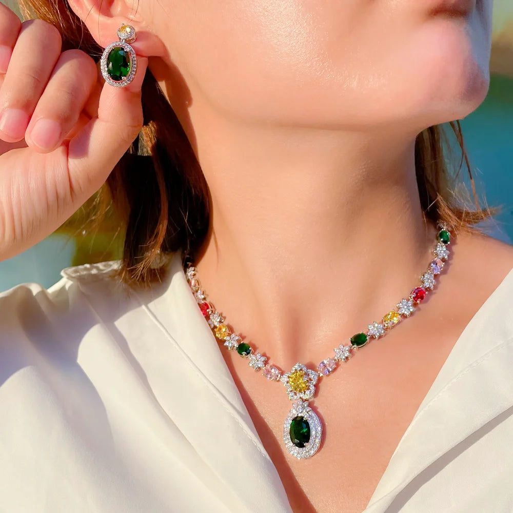 Shiny Colorful Flower Necklace and Earrings