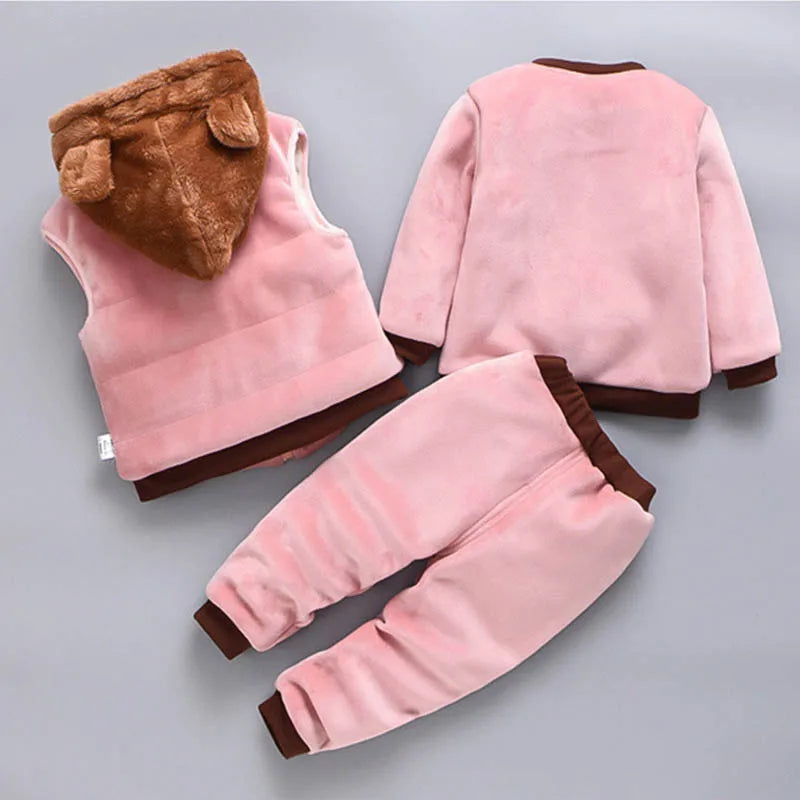 Fleece Children Hooded Outerwear Tops Pants 3PCS Outfit