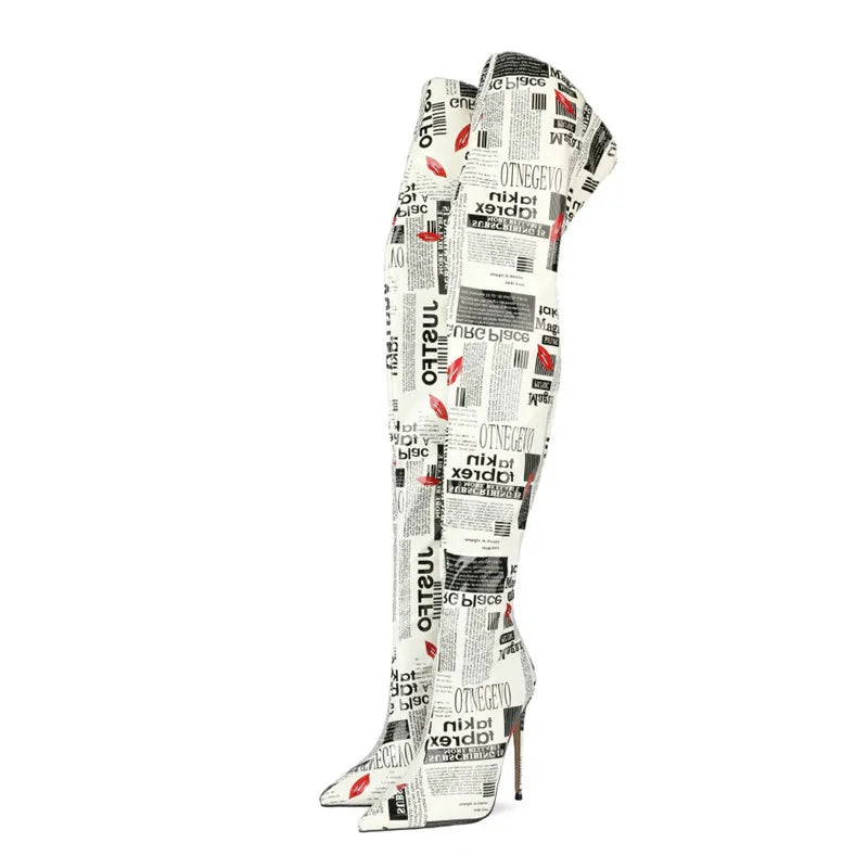 White Thigh High News Paper Print Boots