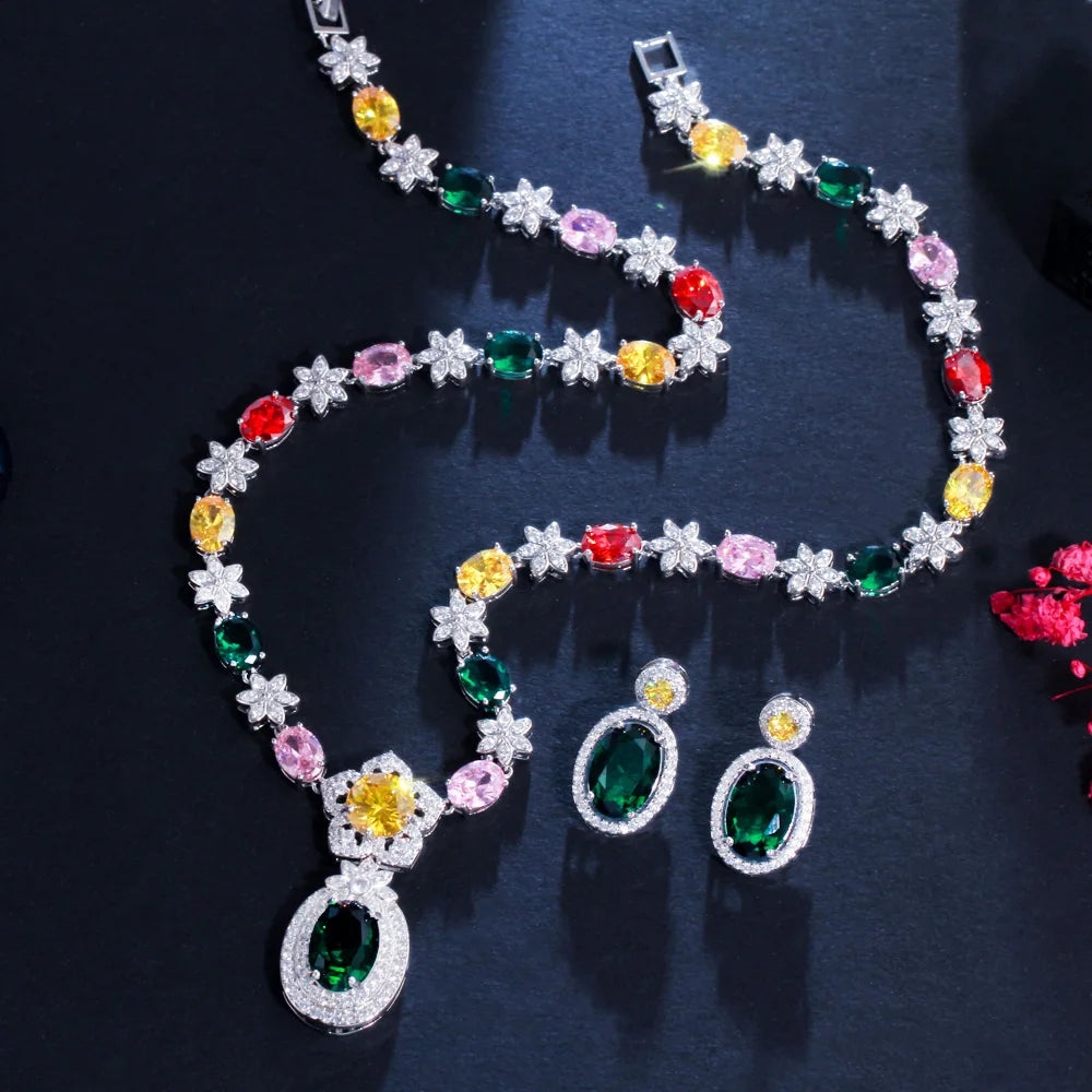 Shiny Colorful Flower Necklace and Earrings