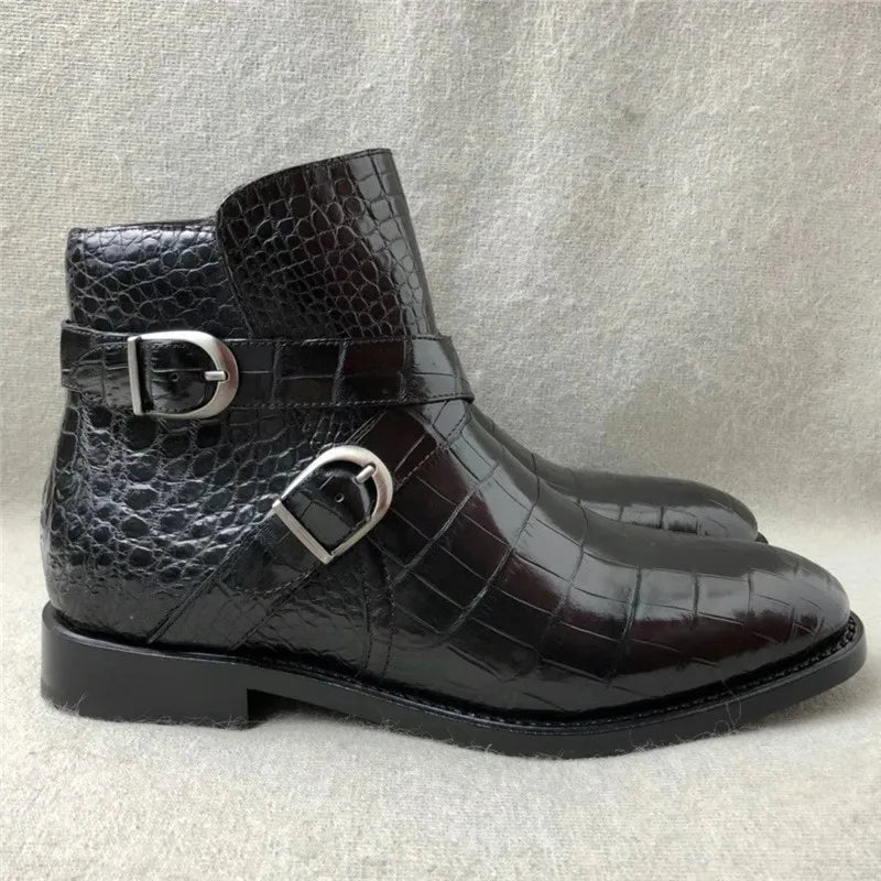 Authentic Real True Crocodile Belly Skin Men's Black ZIP Ankle Boots