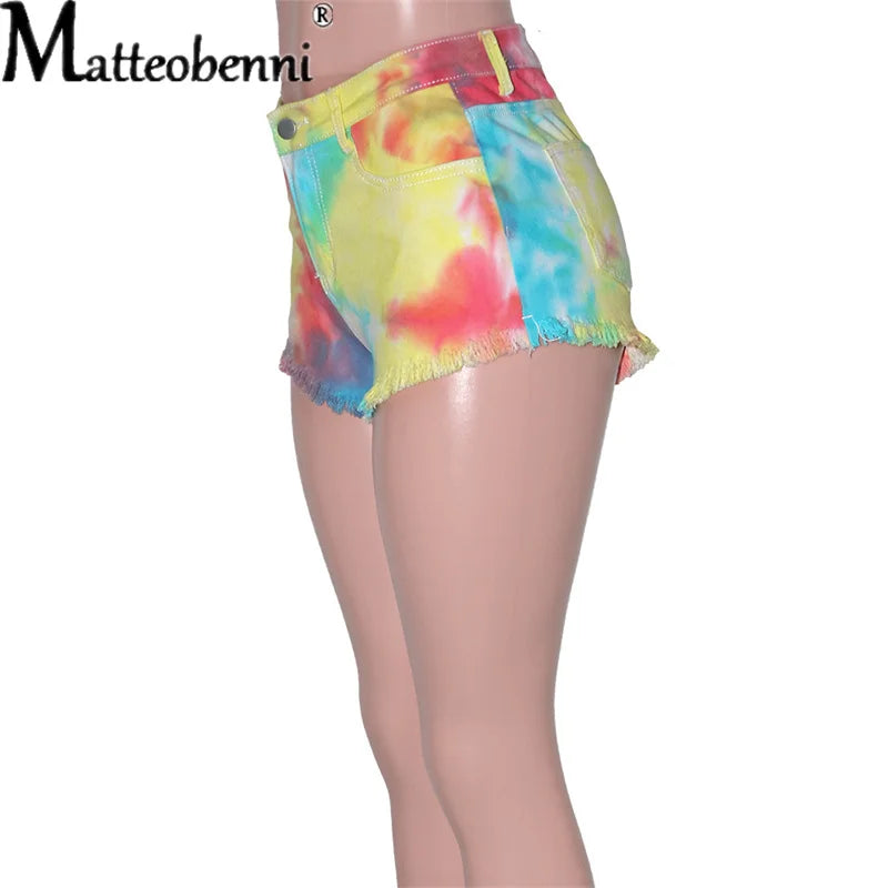 Tie Dye Print Vintage Ripped Denim Shorts