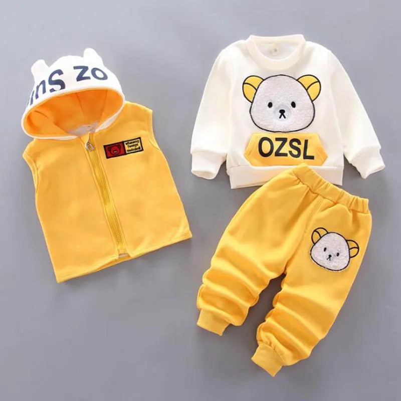 Fleece Children Hooded Outerwear Tops Pants 3PCS Outfit