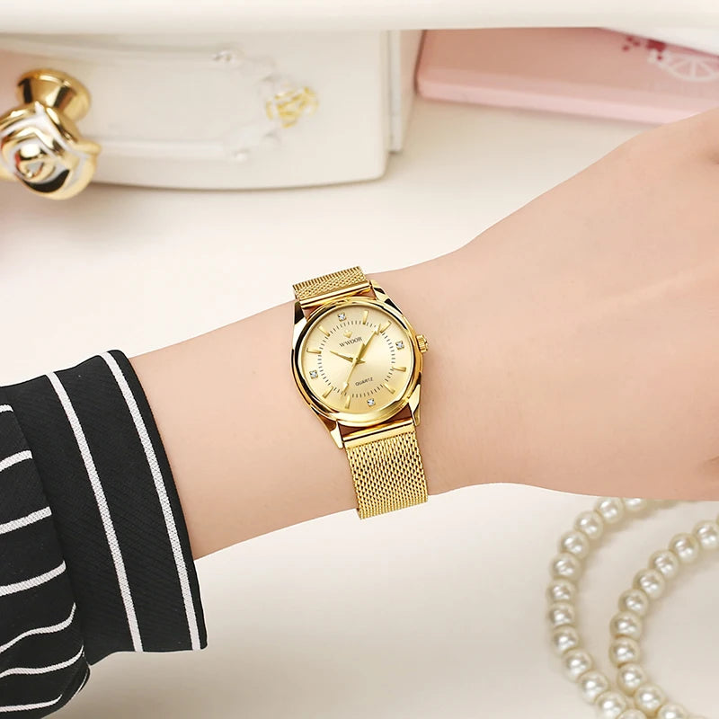 Ladies Dress Gold Watch Elegant Steel Mesh