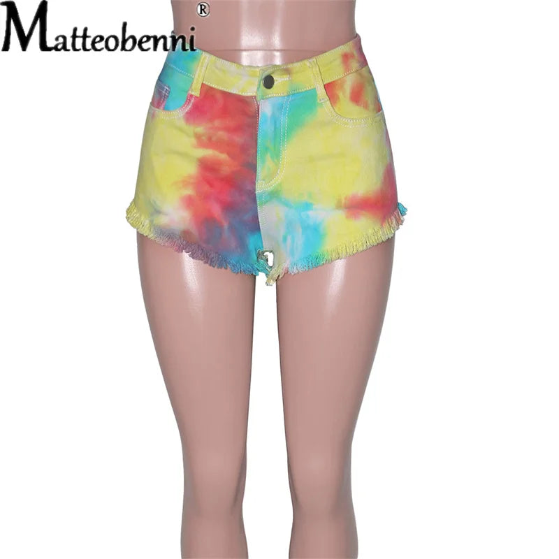Tie Dye Print Vintage Ripped Denim Shorts