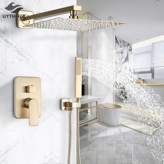 Brushed Golden Faucet Wall Mounted 8" Rainfall Bath Shower Set