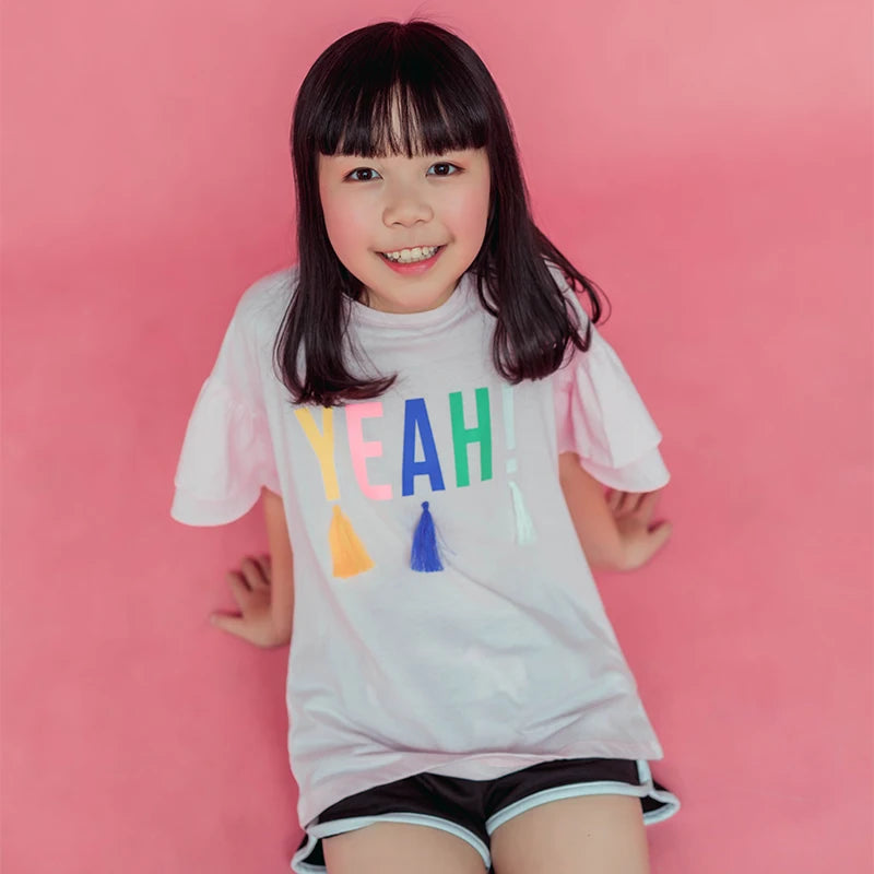 Cotton Teen Girl Short Sleeve TShirt Kids Letter Print Tassel Tees Big Girls Top Children Clothes 2021 Summer 8 10 12 14 16Years