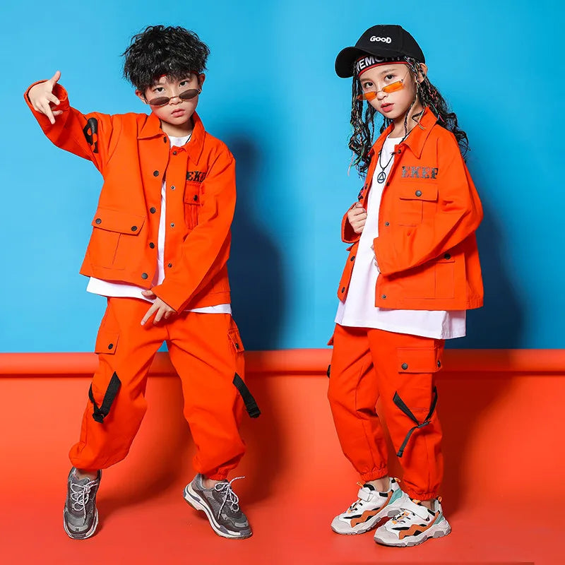 Orange Long Sleeve Jacket Pants Boys Hip Hop Set