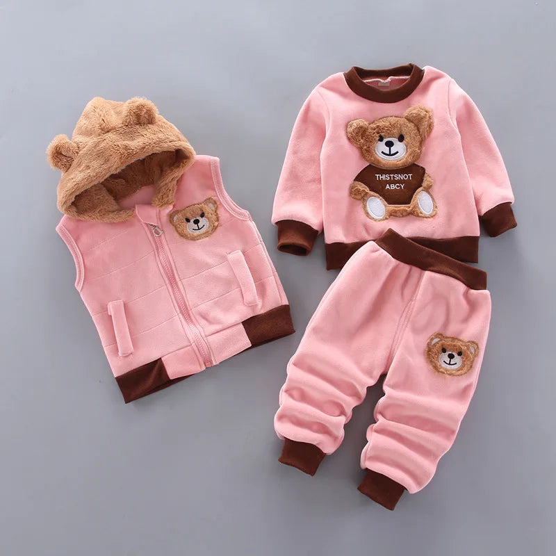 Fleece Children Hooded Outerwear Tops Pants 3PCS Outfit