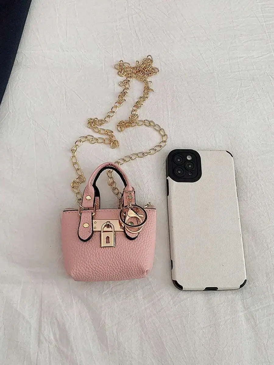 Mini Top-Handle Handbag with Gold Chain Strap and Lock Charm